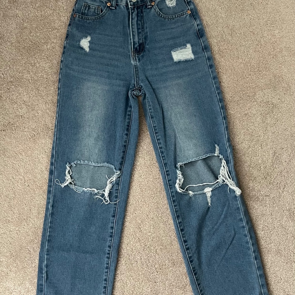 SOLD SHEIN PETITE Ripped Frayed Cut Out Straight Leg Jeans Blue Dark Wash - Picture 2 of 6